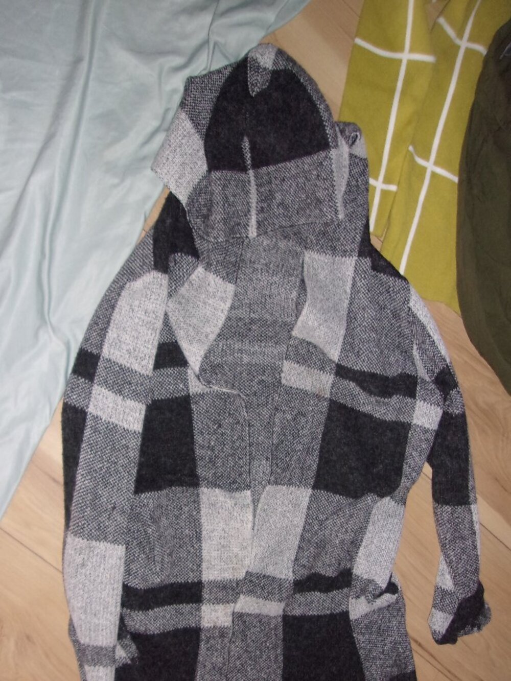 size extra small womens top sweater knit cover up coat  plaid gray black hoodie
